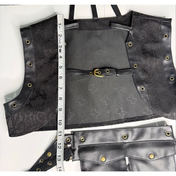 Black Faux Leather Lace Festival Costume Set Corset Skirt Utility Belt Size M - Picture 6 of 10